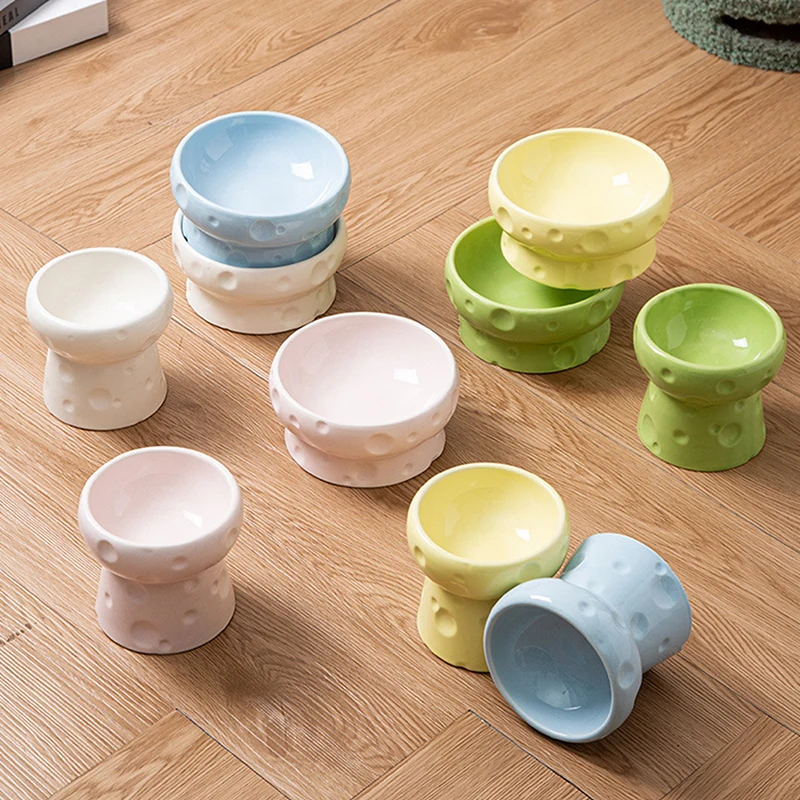 وعاء سيراميك للقطط بتصميم الجبن وعاء طعام للقطط طبق ماء طبق للوجبات الخفيفة عيار كبير مضاد للطرف مع حامل لحماية الرقبة