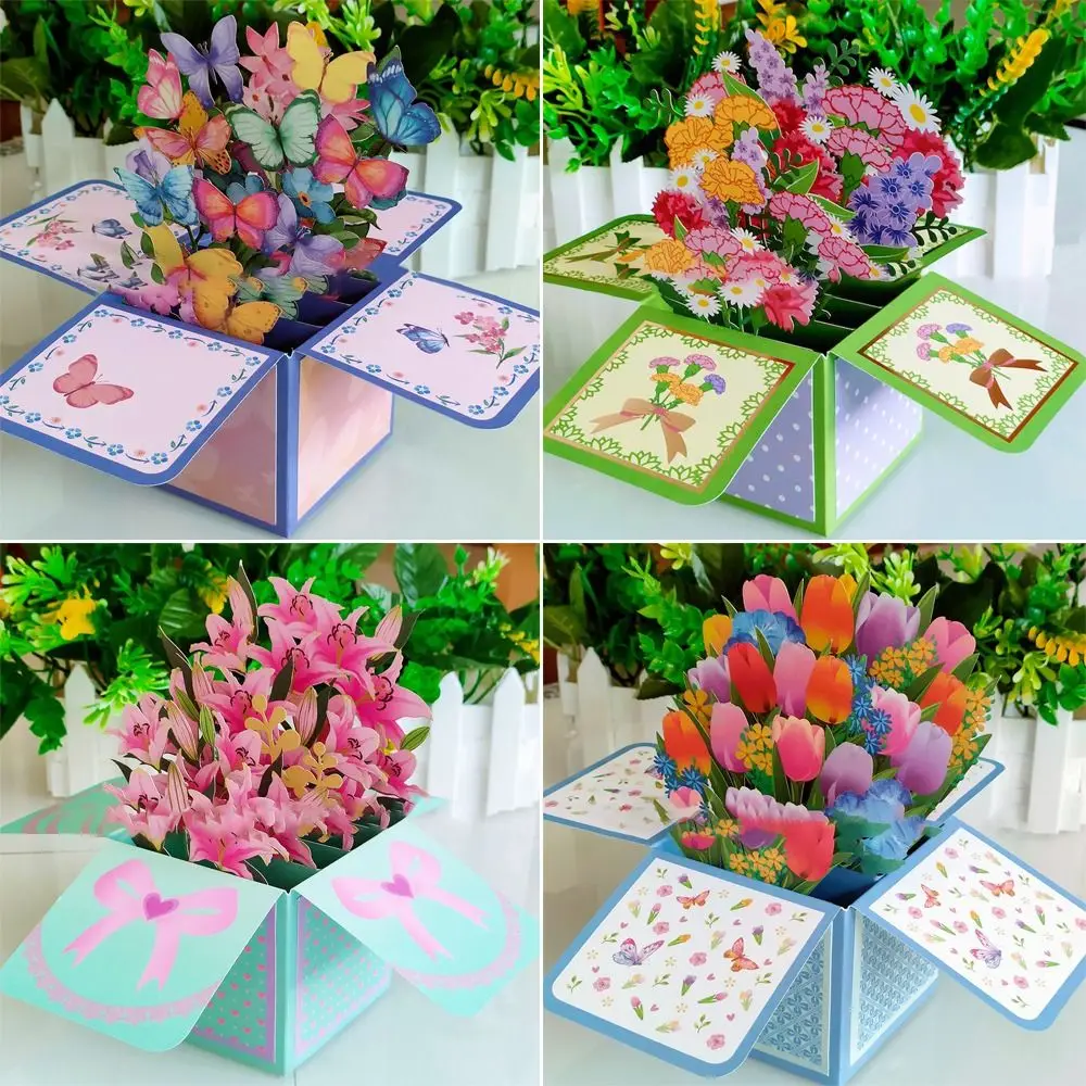 Dia flor tropical cartão aniversário margarida/clavo rosa/lírio/girassol/tulipa 3d pop-up buquê flores de papel