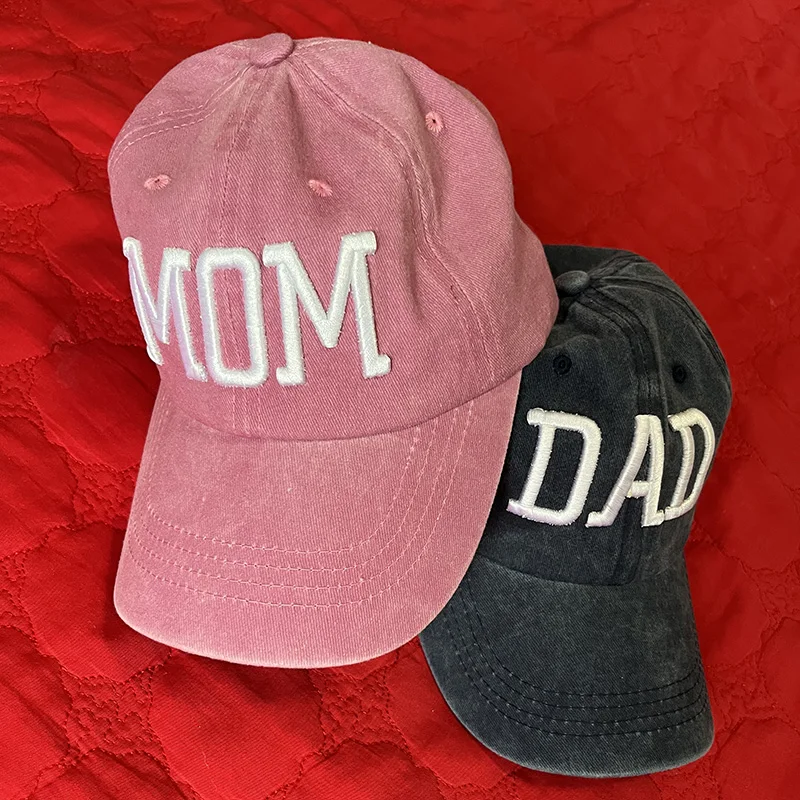 Qisin MOM And DAD Baseball Cap Fishing Caps Men Outdoor Women Washed And Worn Pregnancy Announcement Hats 3D Embroidery