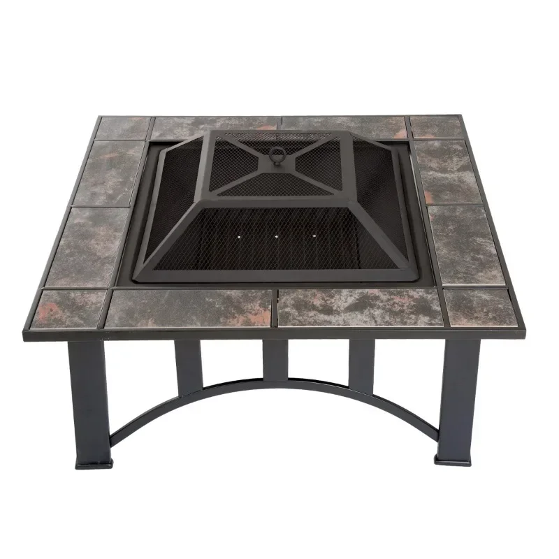 

Fire Pit Table – 33-Inch Square Wood Burning Bonfire Pit with Marble Tile Edge, Spark Screen, Cover and Log Poker