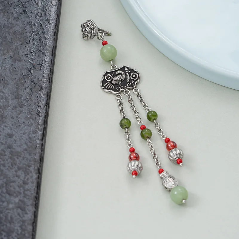 

925 silver Chinese style cheongsam pressed placket pendant natural Hotan Jade tassel pendant hanfu tea dress accessories
