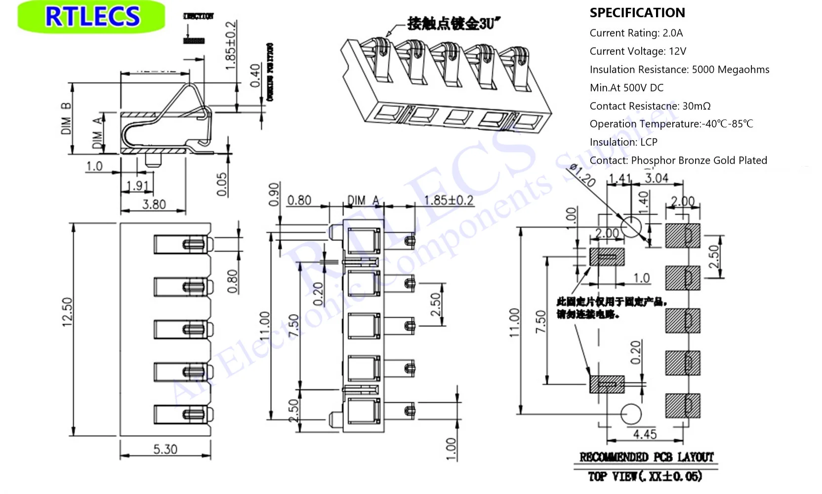 5pcs Spring Compression Contact 2.5 mm Pitch 5 Pin Female Male Connector Surface Mount Battery Connectors Reflow Solder PCB