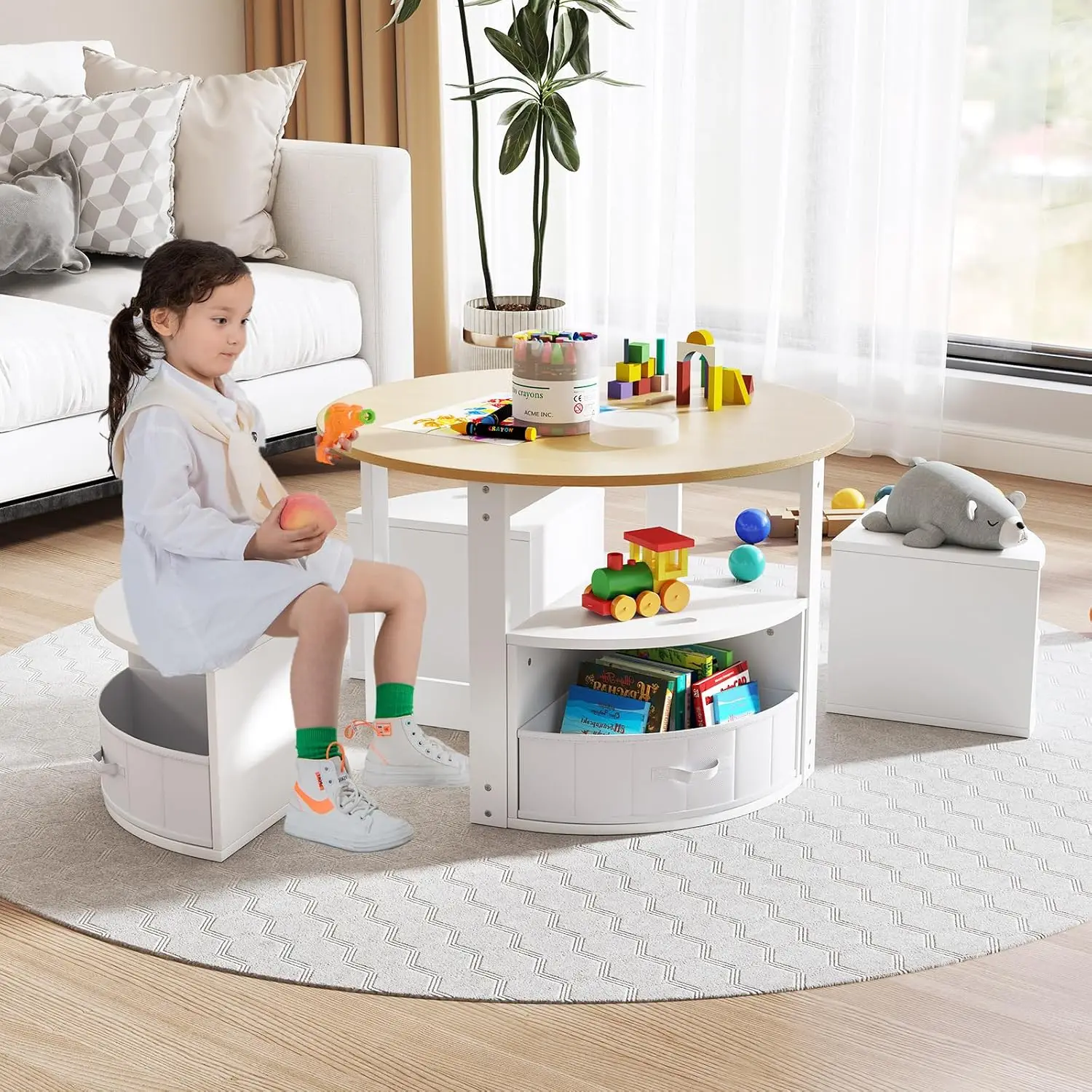 Kids Activity Table & Chair Set with 4 Storage Stools, Nesting Toddler Play Table for Playroom Daycare, Natural, Customized