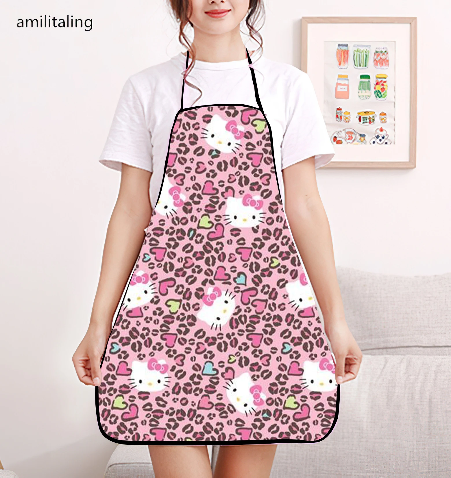 Hellokitty Cute Cartoon Print Bib Apron - Adjustable One Size Design, Waterproof and Durable Polyester Fabric, Suitable for Gard