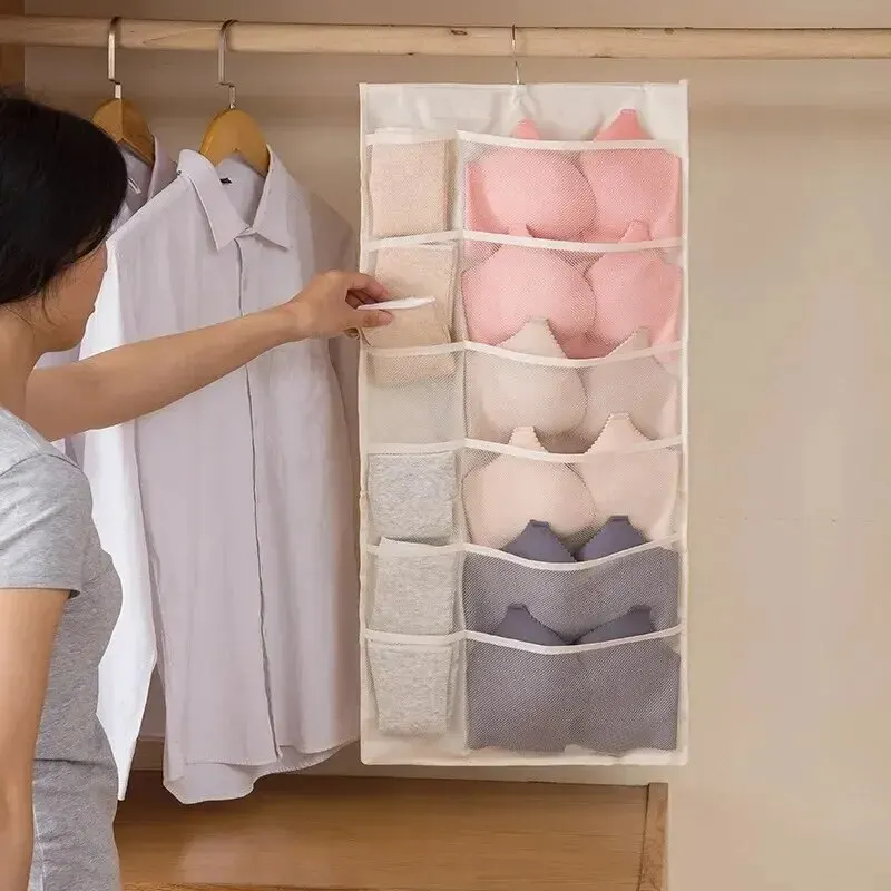 2-sided Hanging Storage Bag Underwear Socks Bras Home Use Wardrobe Hanging Bag Pink Grey Beige Modern Simple Style