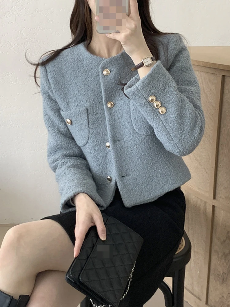 

Korean Sle ort Woolen Coat Women's Outerwear Autumn Winter Loose Fit Petite Cardigan Top High Waist pe Commute