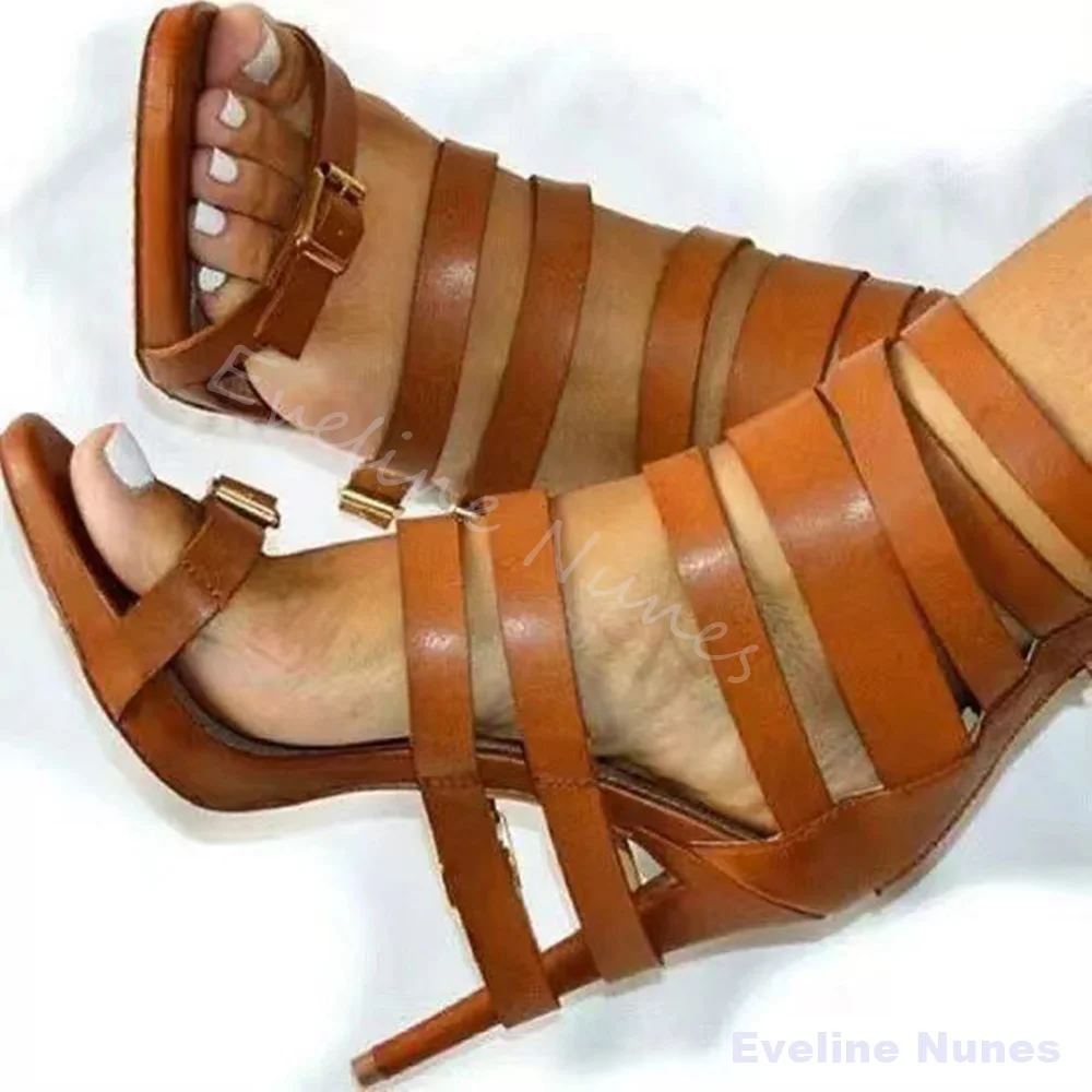 Fashion Belt Buckle Runway Sandals Women Peep Toe Hollow Stiletto Heel Party Sandals 2026 New Brown Sexy Luxury High Heels - view 2