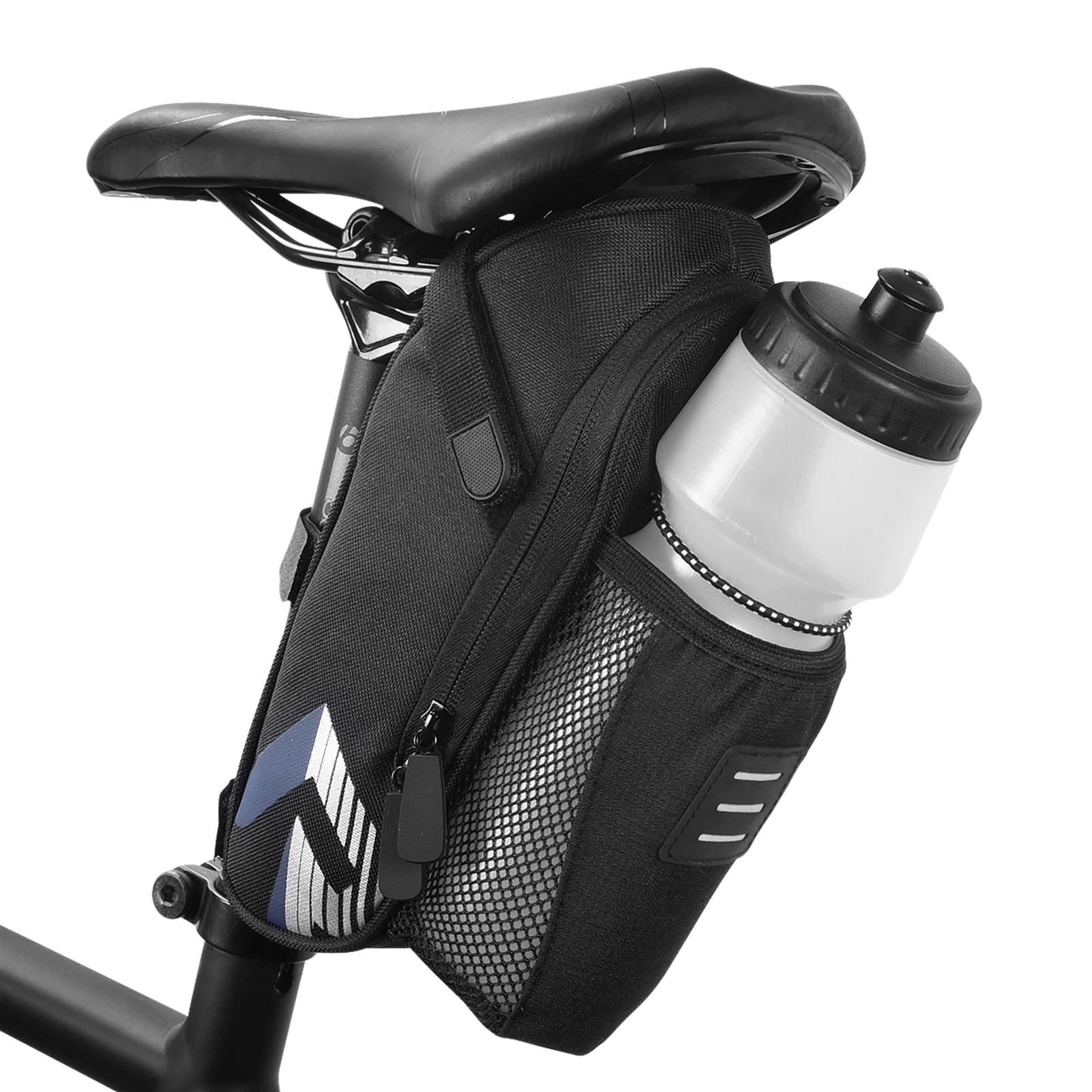 

Saddle Bag with Water Bottle Pocket Waterproof Bike Bag Reflective Cycle Rear Post Bag with Kettle Pouch Large