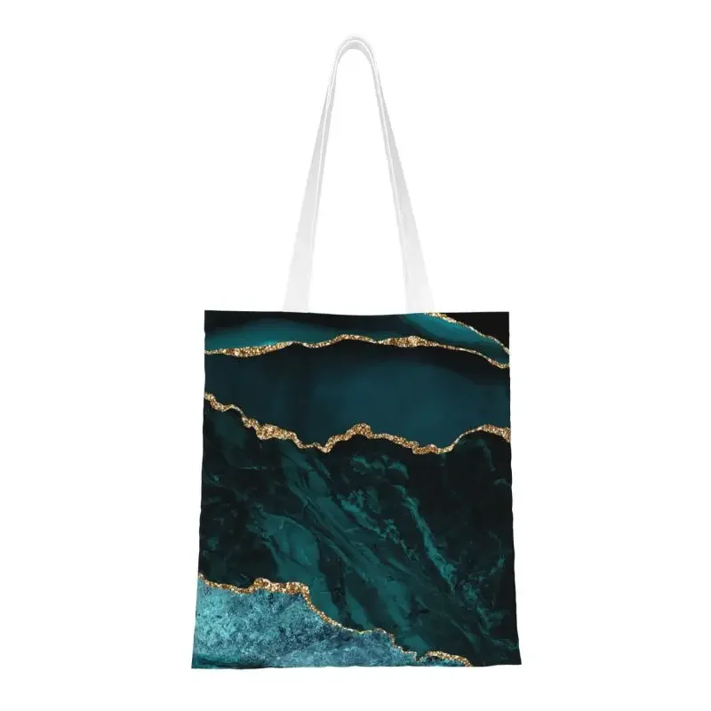 Kawaii Teal And Gold Agate Shopping Tote Bag Reusable Geometric Patterns Canvas Groceries Shoulder Shopper Bag