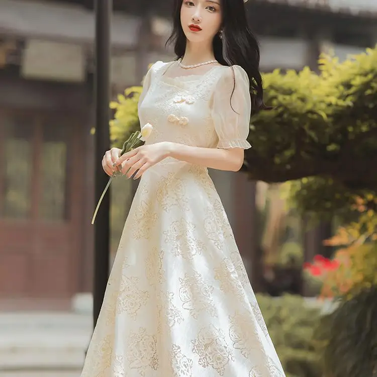 

Modified Cheongsam Chinese Style Retro Bubble Sleeve Temperament Cheongsam Dress French Style Fairy Dress Fairy Qipao Dress