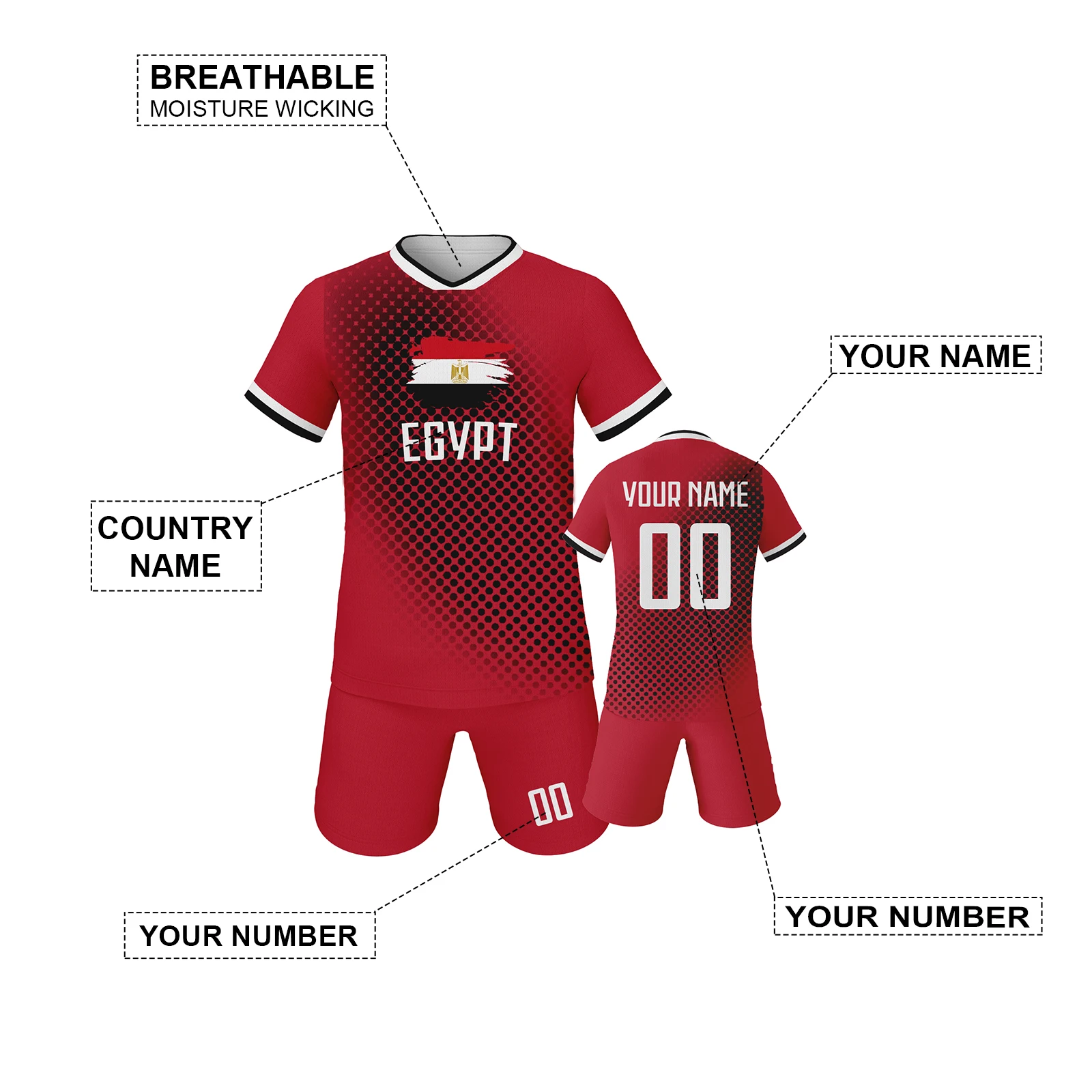 Custom Egypt Soccer Jersey Kids Football Training Kit Boys Girls Team Uniform with Personalized Name Number Soccer Lovers Gift
