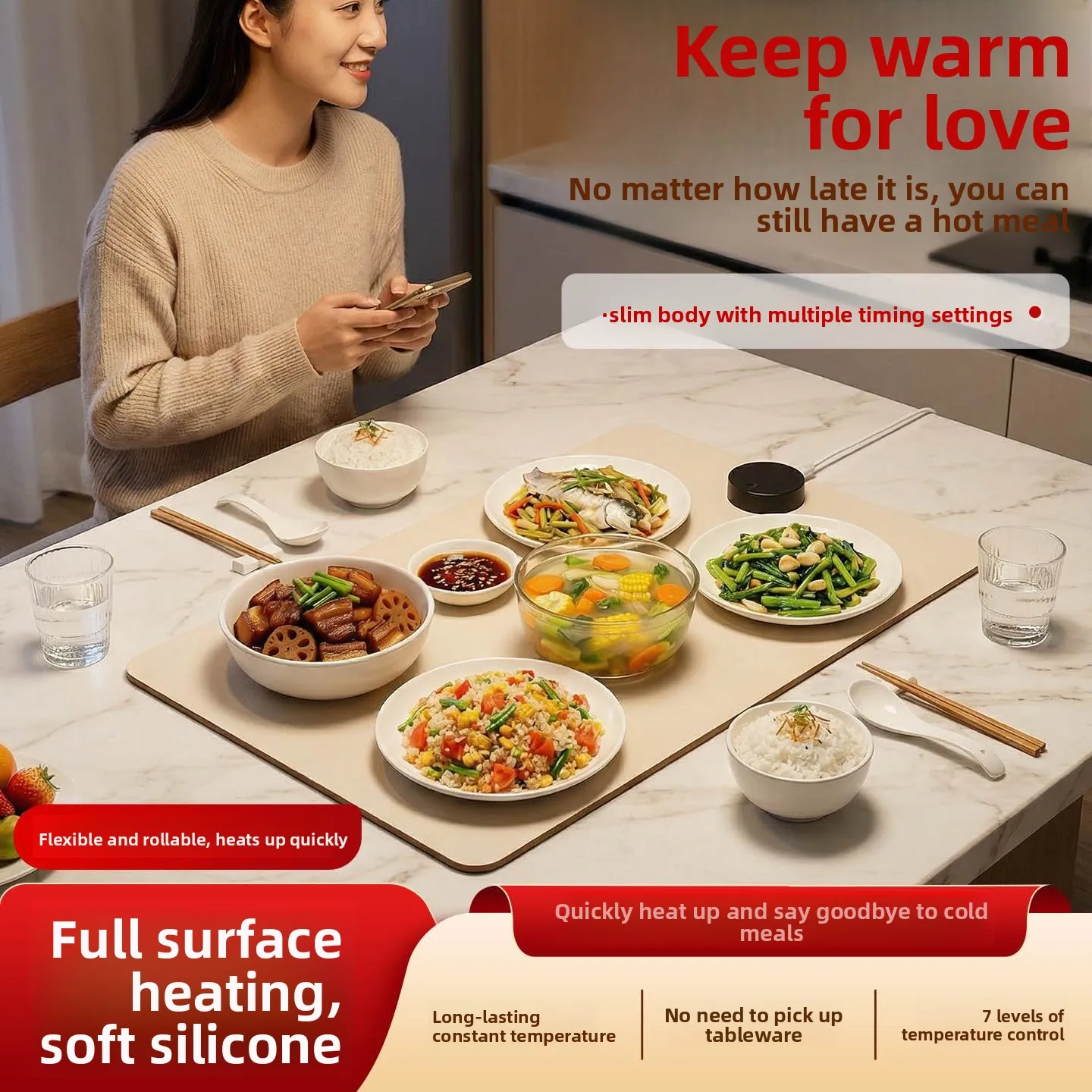 Foldable food warming board, smart constant temperature cup mat, flexible silicone heating table mat for food.