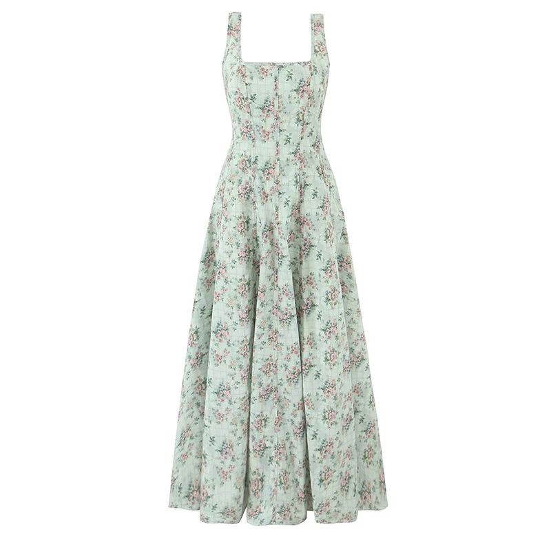 2025 ผู้หญิง Lace Up BANDAGE กลับดอกไม้พิมพ์ชุด A-Line Midi สแควร์คอวันหยุดฤดูร้อน Dresses PARTY Robe