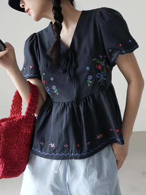 Süße bestickte irt Damen Faion Vintage Floral V-ne ort Sve Sommer Krawatte Puppe Top Altersreduzierung Kleidung