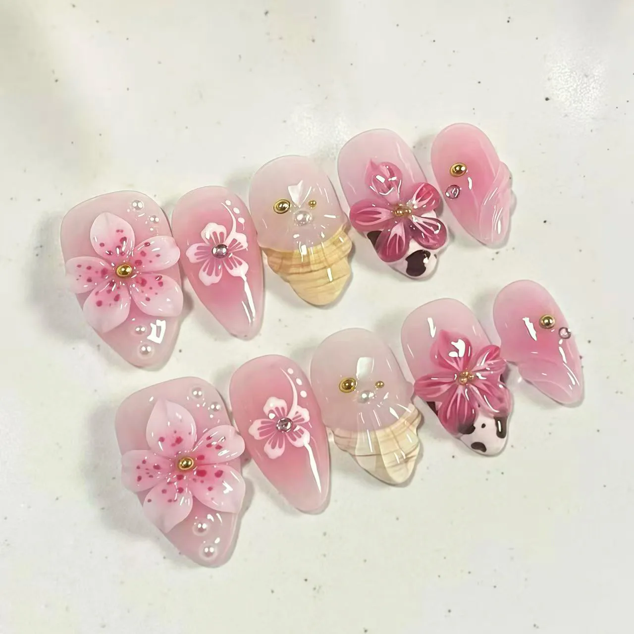 24Pcs Mid-length Blusher Almond Stick on Nails 3D Flower Cow Print French Nails Press on Diamond Decor Wearable Fake Finger Nail