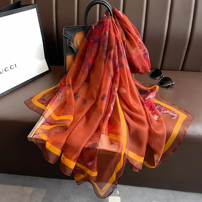 2024 Silk Beach Stoles Women Hijab Scarf Sunscreen Shawl Wraps Ladies Scarves Foulard Beach Stoles Female Large Bandana Echarpe