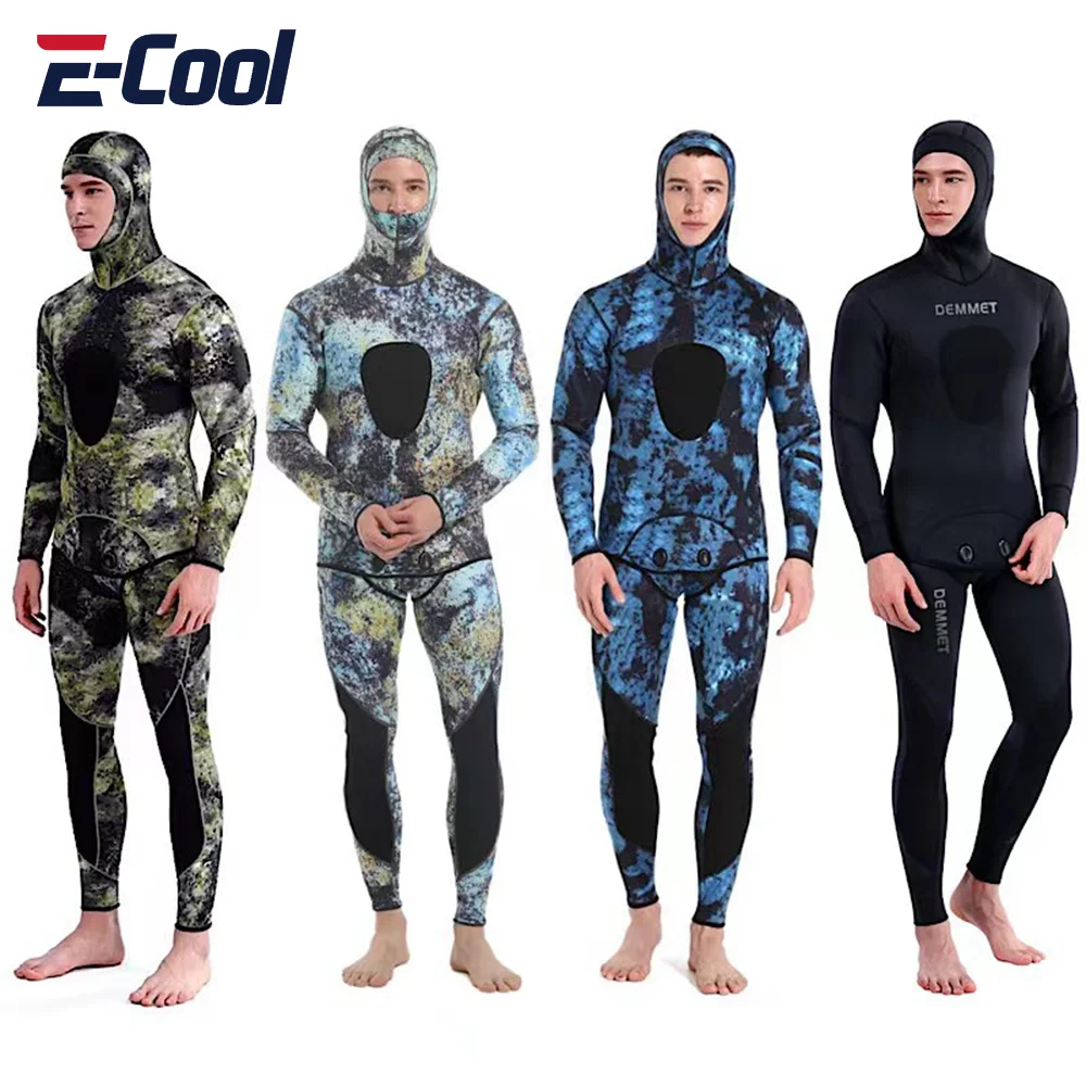 3mm Wetsuit Camouflage Long Sleeve Fission Hooded 2 Pieces Neoprene Submersible For Men Keep Warm Scuba Diving Suit Swimwear