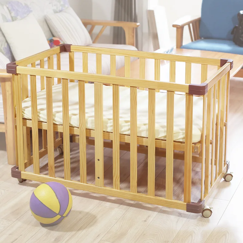 Baby crib solid wood unpainted baby crib newborn multifunctional bed with roller splicing large bed