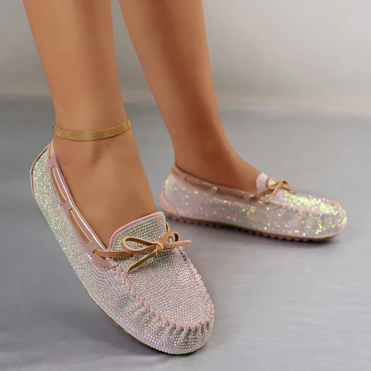 Luxury Crystal Shallow Woman Shoes Pink Bow Loafers Slip On Spring Woman Fashion Shoes Soft Sole Shoes For Woman Size 43