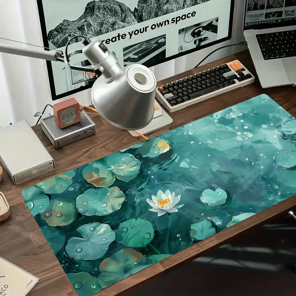 Green Lotus Pond Table Mat Non Slip Rubber Base Smooth Glide Mousepad For Relaxed Office Home