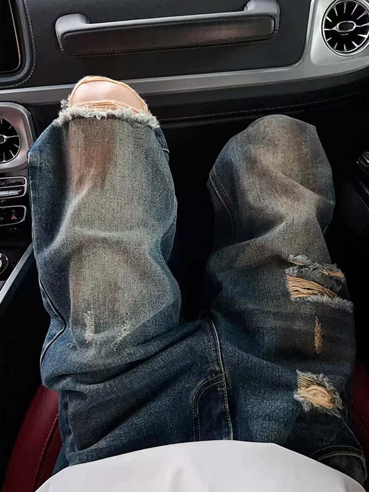 

Рваные мужские джинсы с завышенной талией, летние тонкие прямые брюки-клеш, винтажные американские брюки High Street, смесь хлопка и полиэстера