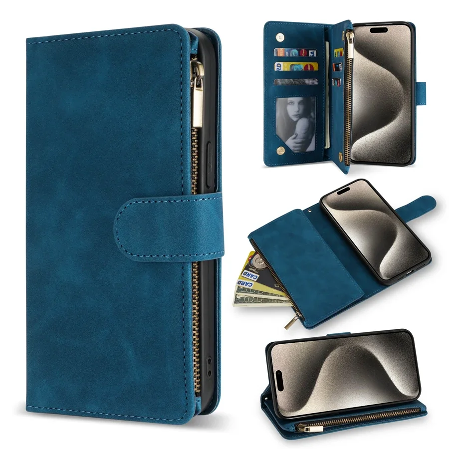 ZZXX Brieftasche Multi-karte Zipper Ständer Magnetische Flip Leder Fall Für iPhone Air 17 Pro Max 16e 15 14 Plus 13 Mini 12 11 SE2 XR 8 7 4