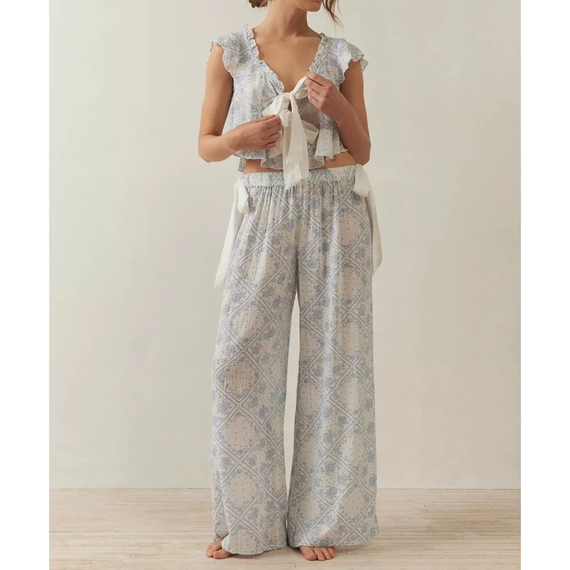 

HEZIOWYUN Women Floral Print 2Pcs Loungewear Pjs Set Fly Sleeve Front Bow Tied Ruffle V-Neck Crop Tops+Elastic Waist Long Pants