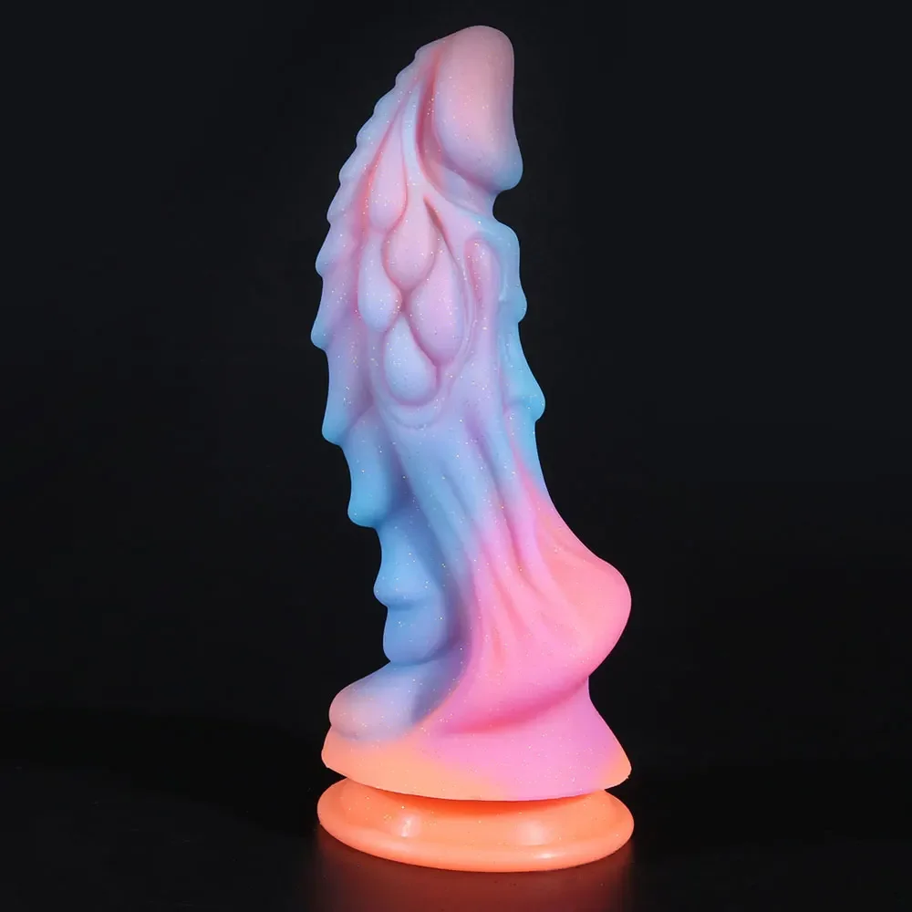 Dildo luminoso brilhante para adulto, Pênis animal macio, enorme vibrador monstro dragão, plug anal anal anal, vibrador colorido, brinquedos sexuais