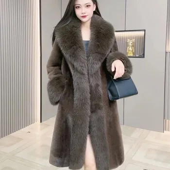 한국 버전 중간 길이 모조 밍크 모피, 잔디 여우 모피 칼라, 고급 모피 재킷, 레트로 슬림 여성 럭셔리 코트, 겨울 