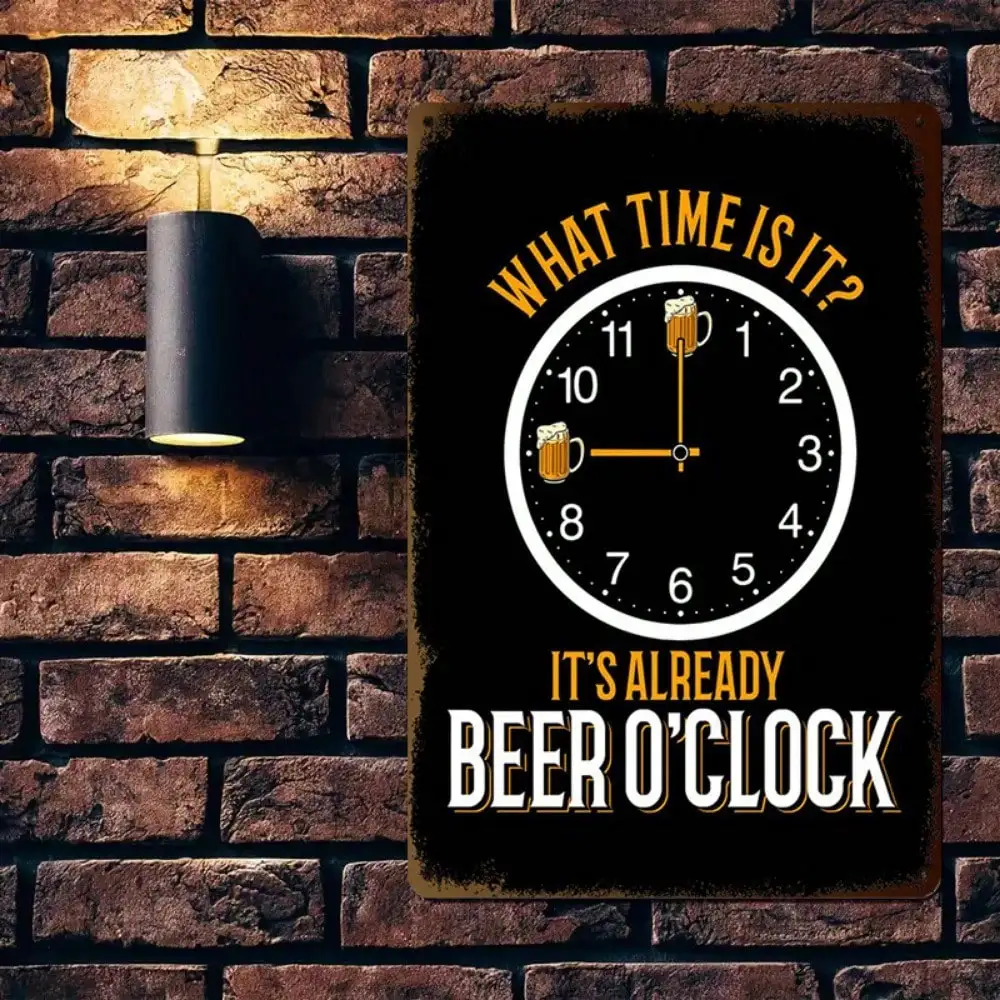 1PC Tin Sign Beer O'Clock - Vintage Bar/Home Pub Decor, Hand-Drawn Clock & Beer Glass, 8x12in/20x30cm