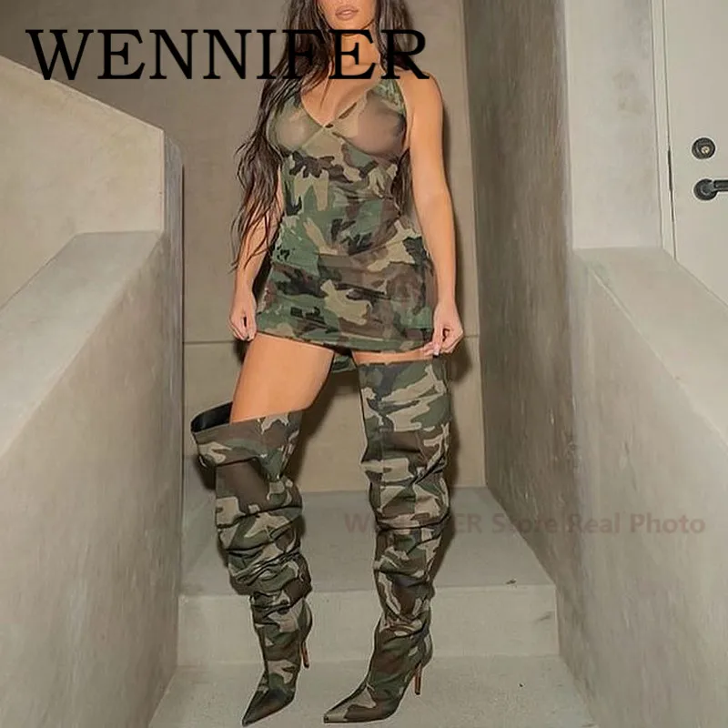 Winter Green Canvas Camo Long Boots Pointed Toe Carpo Wader Thigh-High Boot Women Army Combat Hight Stletto Heels Botas De Mujer