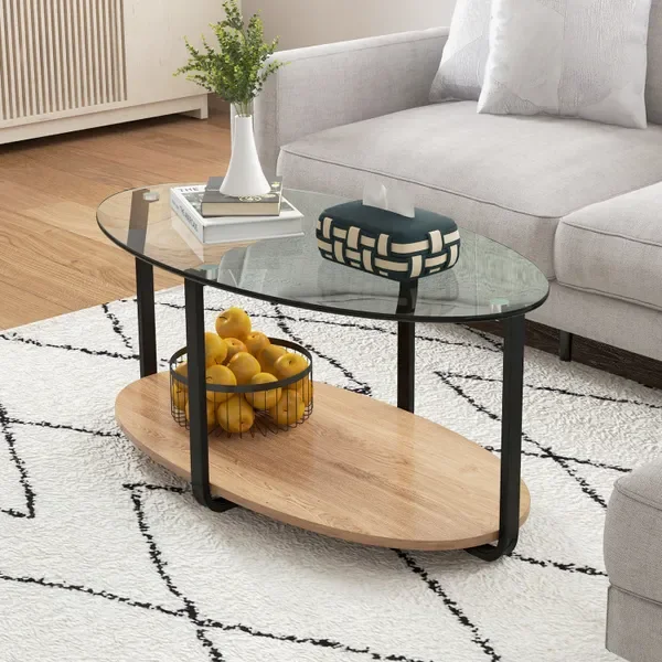 

Oval Coffee Table with Glass Top and Wooden Shelf for Living Room