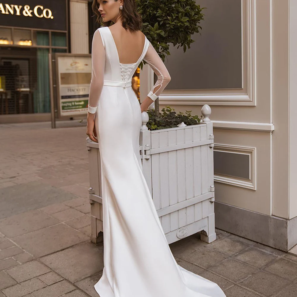 C&C 2024 Simple Mermaid Boat Neck Wedding Dresses For Women Bride Charmeuse Trumpet With Sash 3/4 Sleeves Corset Robe De Mariée