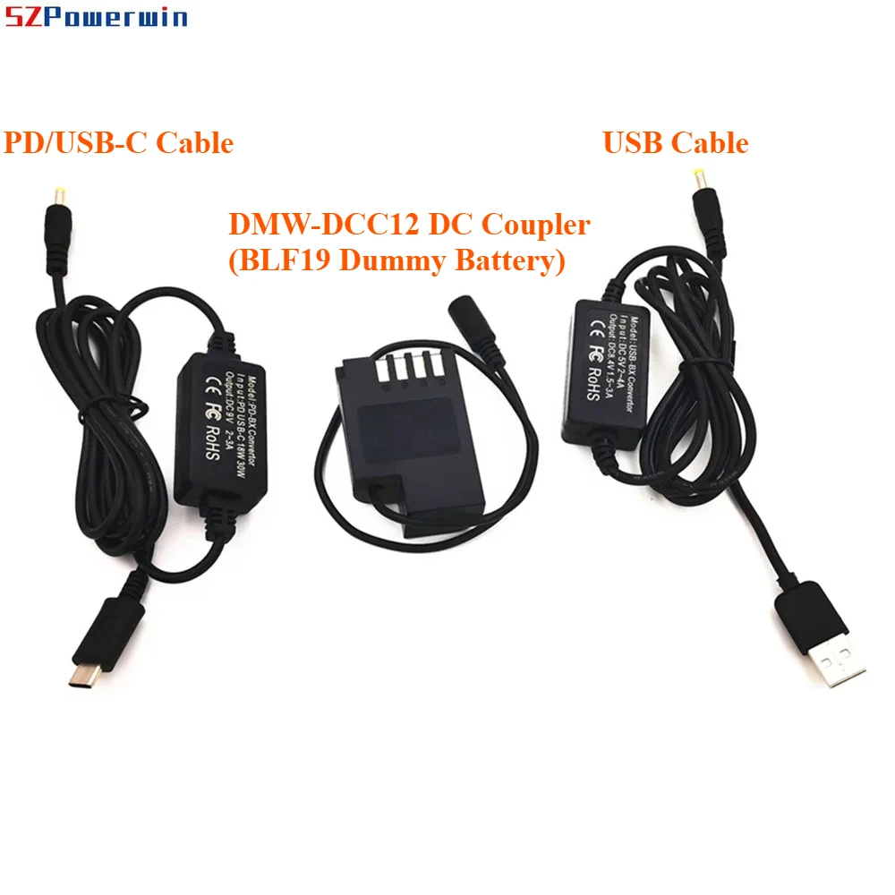 Power Bank USB Cable+USB-C PD Converter+BLF19 Dummy Battery DMW DCC12 Coupler for Panasonic Lumix DMC-GH3 DMC-GH4 GH5 GH4 GH5s