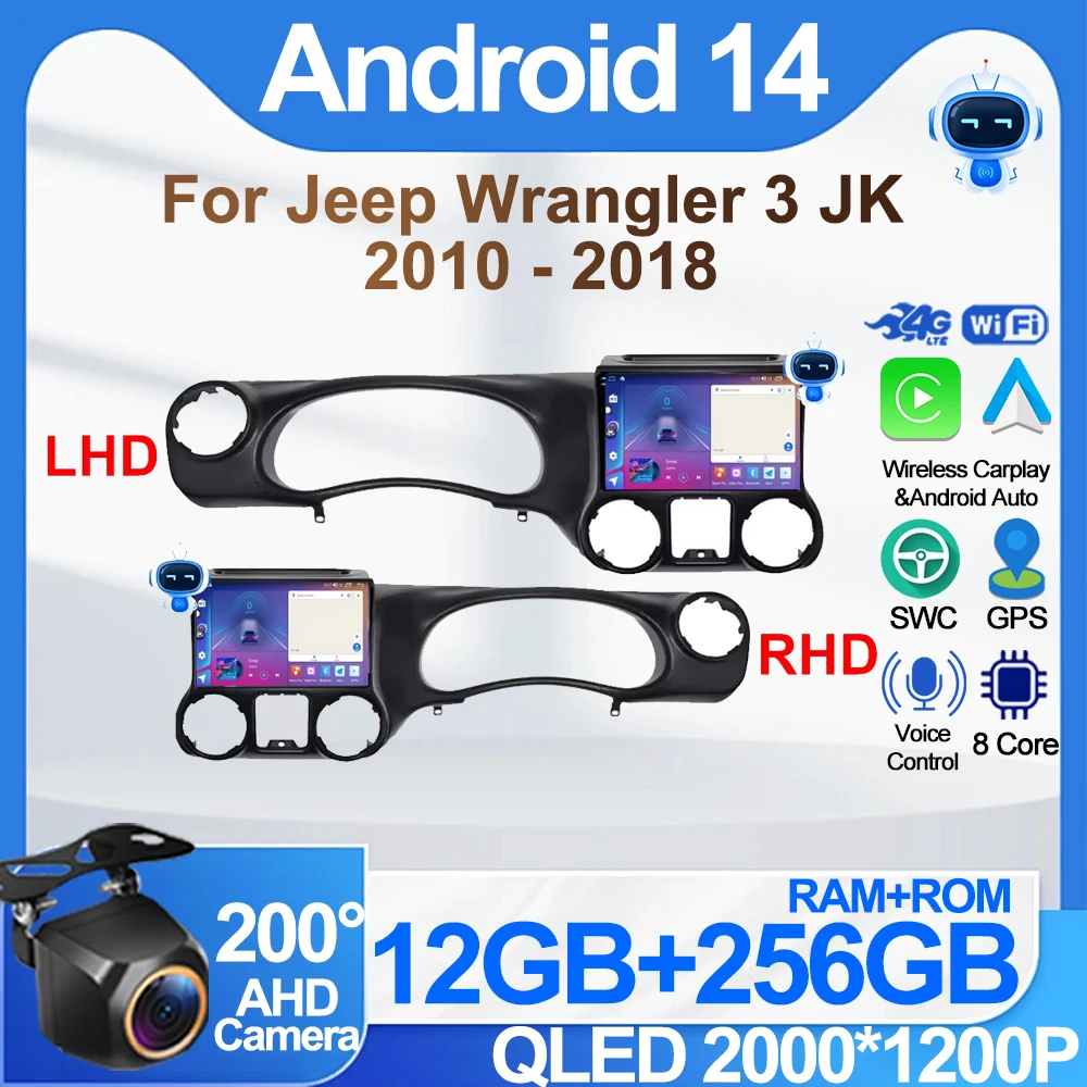 Car Radio Android 14 For Jeep Wrangler 3 JK 2010 - 2018 LHD RHD Autoradio Touch Screen Carplay 2din Android Auto GPS Navi Wifi