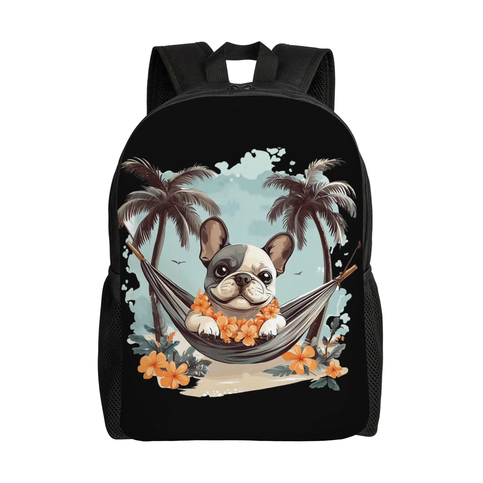 Cute Hawaiian French Bulldog Hammock Palm Trees Backpack  Cool Backpacks Youth Travel Big High School Bags Colorful Rucksack
