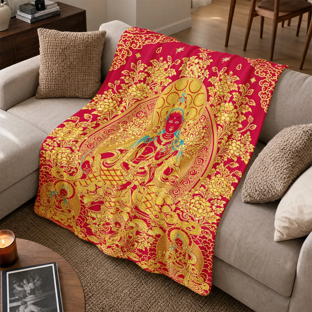 Luxurious Red Gold Deity Print Sofa Throw Blanket Indian Culture Divine Goddess Living Room Home Decor Accent Textile