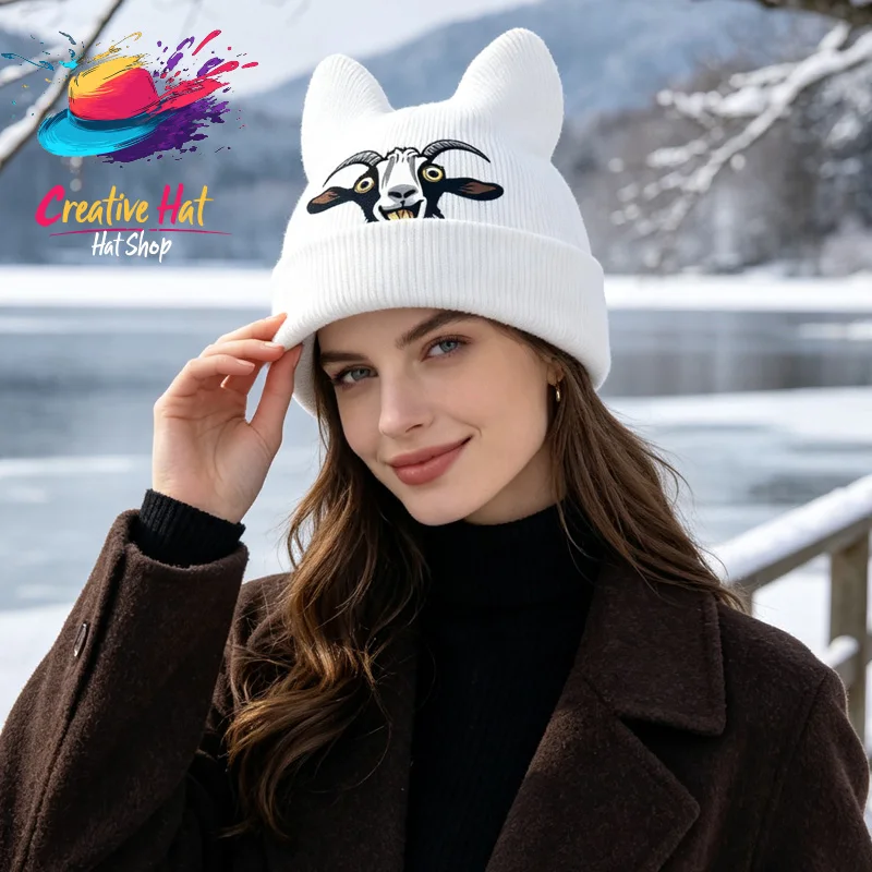 Funny Cool Cat Ear Beanie, Goat Face Graphic Print, For Daily Street Wear, Holiday Party & Weekend Friend Gathering