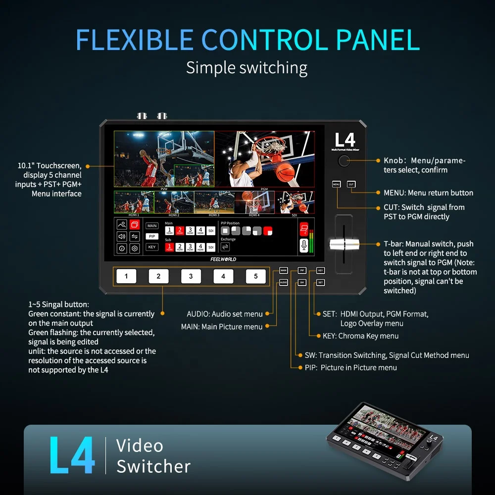 FEELWORLD L4 Multi-camera Video Mixer Switcher 10.1"Touch Screen USB3.0 Fast Streaming
