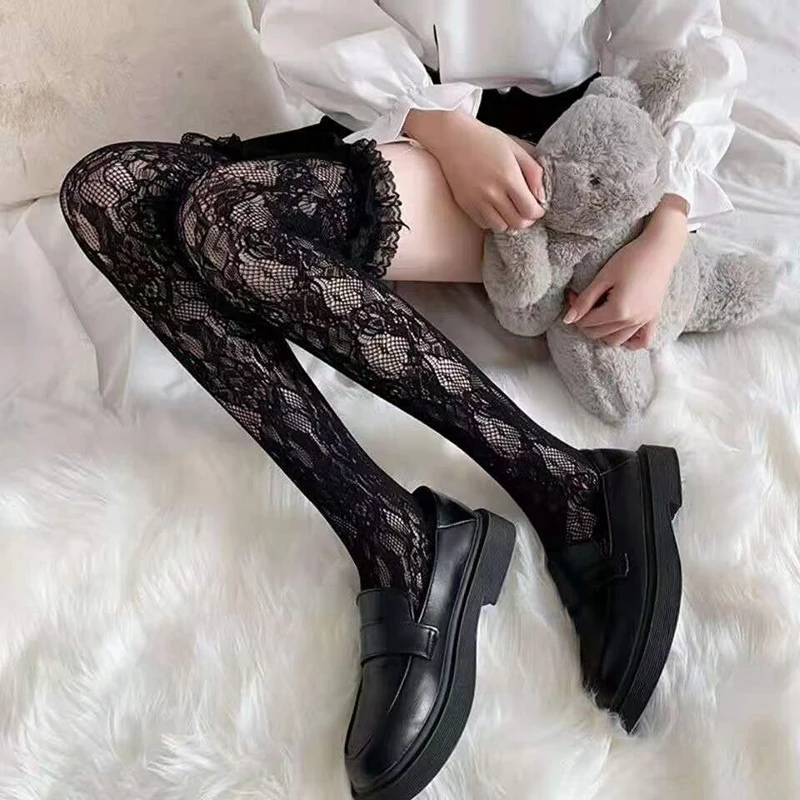 Women Lolita Fishnet Thigh High Socks Japanese Style Heart Striped Lace Patterned Over Knee Long Stockings Ruffled Frilly Kawaii