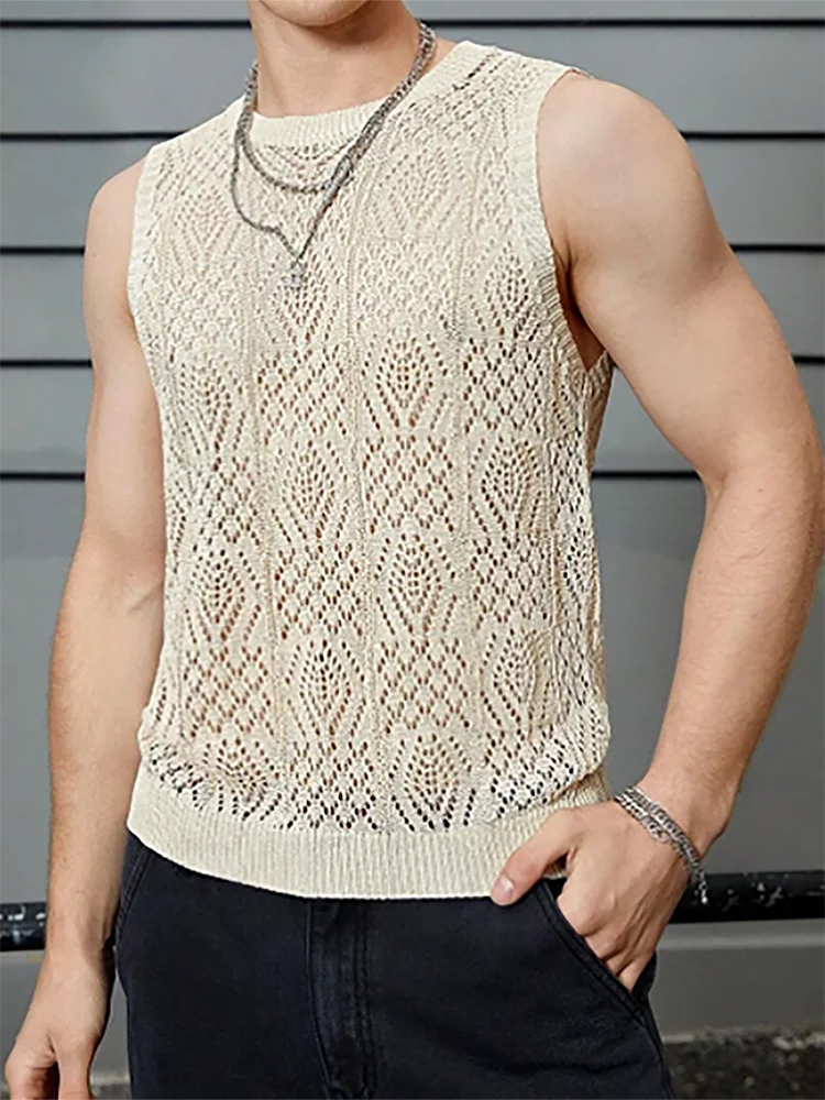 2024 New Sleeveless Loungewear Fashion Sweaters, Men Summer Simple Hollow Out Tops, O-Neck Patchwork Solid Male Vest Streetwear