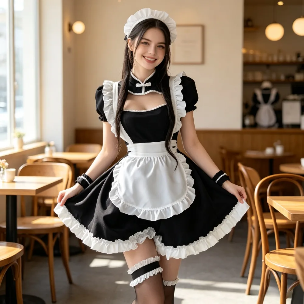 Lolita Halloween Cosplay Black White Oriental Sweet Cheongsam Maid Outfit Plus Size Chinese Qipao Costume For Stage Theme Party