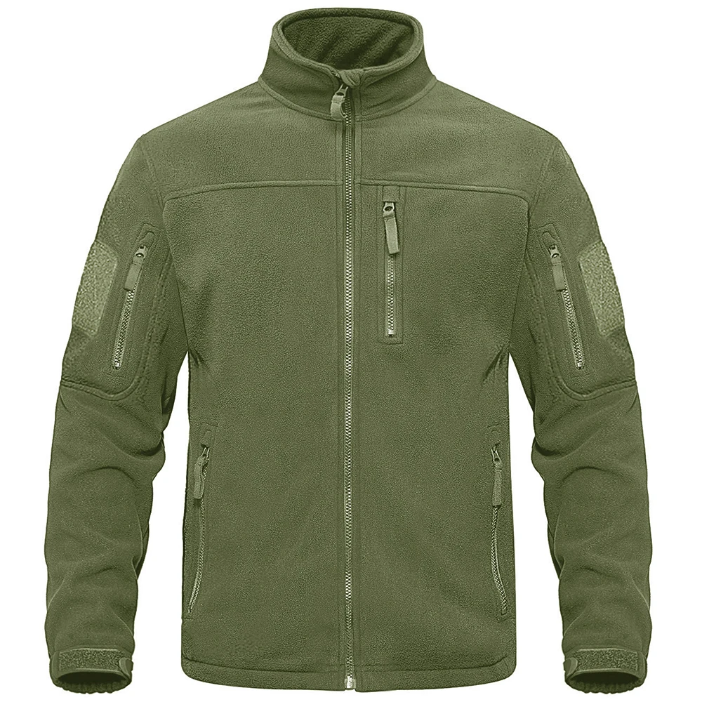 

Full Zip Up Green Fleece Jacket Thermal Warm Work Coats Mens Zipper Pockets Jacket Hiking Training Outwear Windbreaker