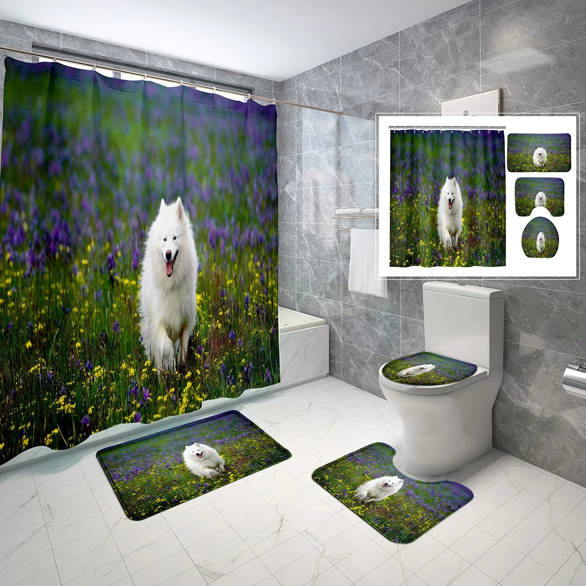 

Samoyed Shower Curtain Sets 4 Pcs with Non-Slip Rugs Mat Toilet Lid Dog Grass Flowers Landscapes Waterproof Shower Curtain Set
