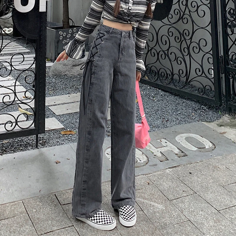 Fashion Gothic High Waist Jeans Women Spring Side Lace Up Wide Leg Denim Pants Korean Harajuku Y2K Streetwear Straight Trousers