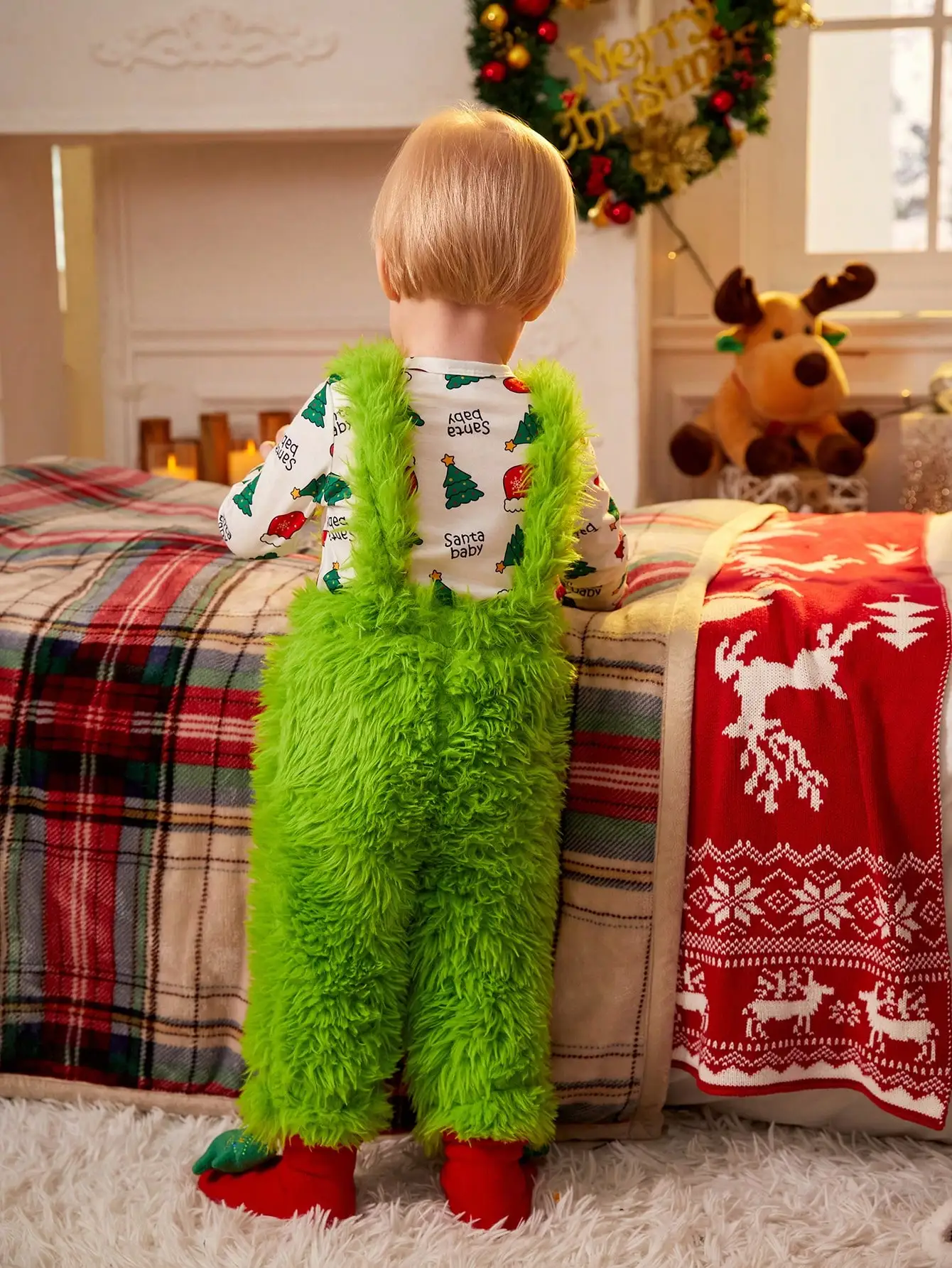 Christmas Holiday Style Boy Baby Fashion Personality Two-Piece Long-Sleeved Christmas Tree Print Jumpsuit + Green Fuzzy Overalls