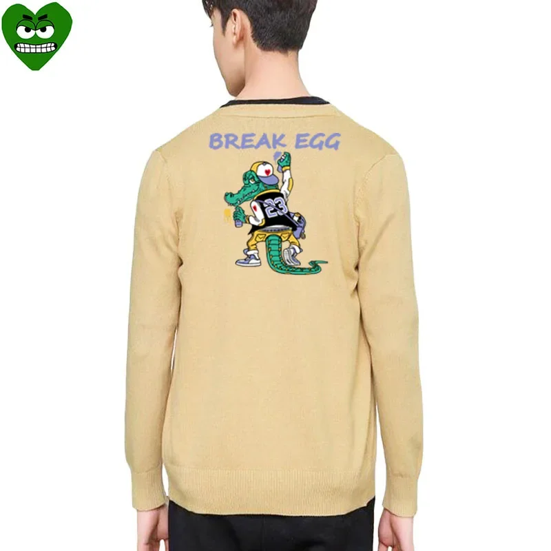 Break Egg Men Open Woolen Sweater Heart Embroidered Crocodile Print V-neck Single Breasted Long Sleeve Autumn Sweater