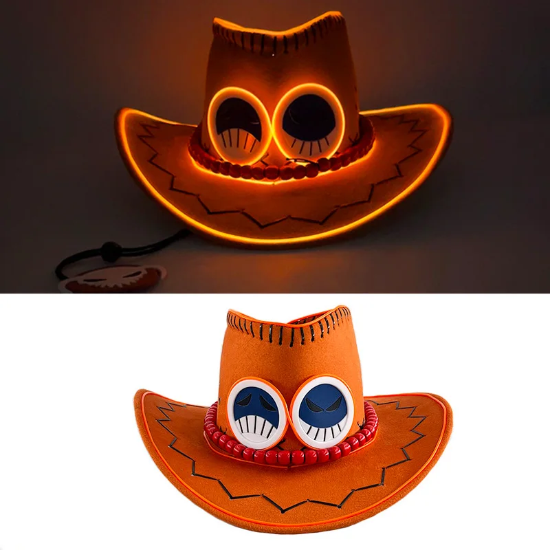 Gorra de vaquero LED inalámbrica de Anime japonés, gorro de Anime pirata, puño de fuego de neón, Ace, accesorios de fiesta de Cosplay, disfraz de Ace brillante