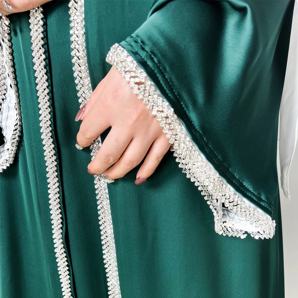 

Fashion four-piece Diamonds Satin Abaya for Women Muslim Dubai Dress with scarf Belt Luxury Muslim Moroccan Dress Loose Suit New