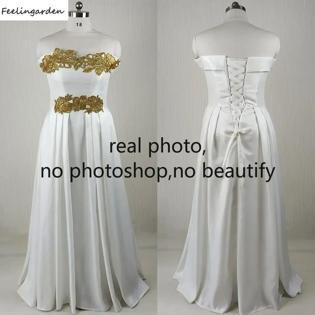 Feelingarden Customized Real Photo Plus size Evening Dresses White Off the Shoulder Floor Length Women Party Formal Gowns R1487